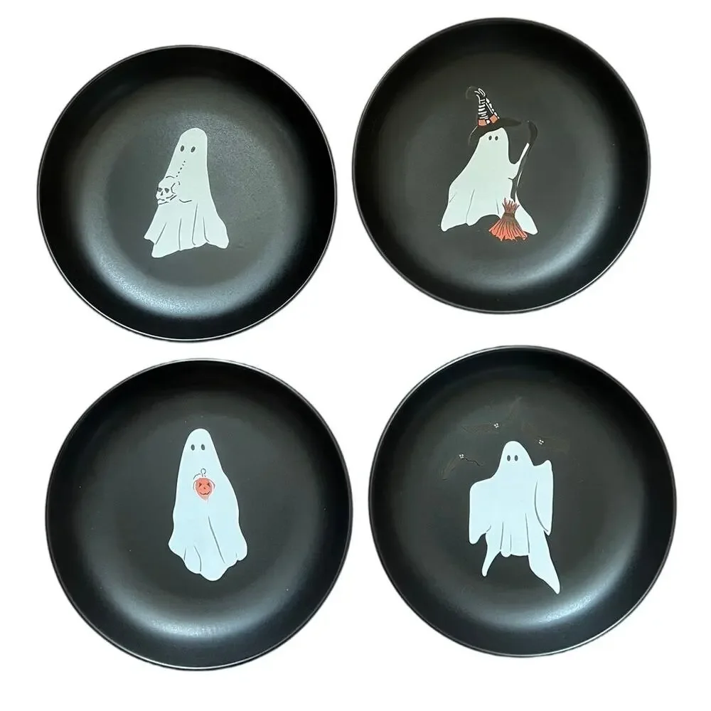 Potchen Halloween Ghost Plates Set of 4 Ceramic Appetizer Dishes Black Spooky